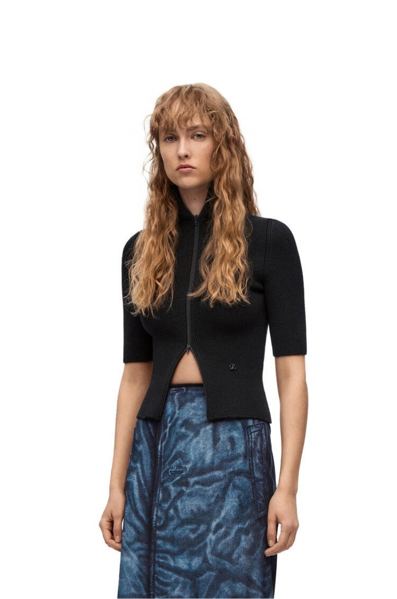 Prendas De Punto Loewe Cropped zip up sweater in wool Mujer Negras | 580ZUYGMA