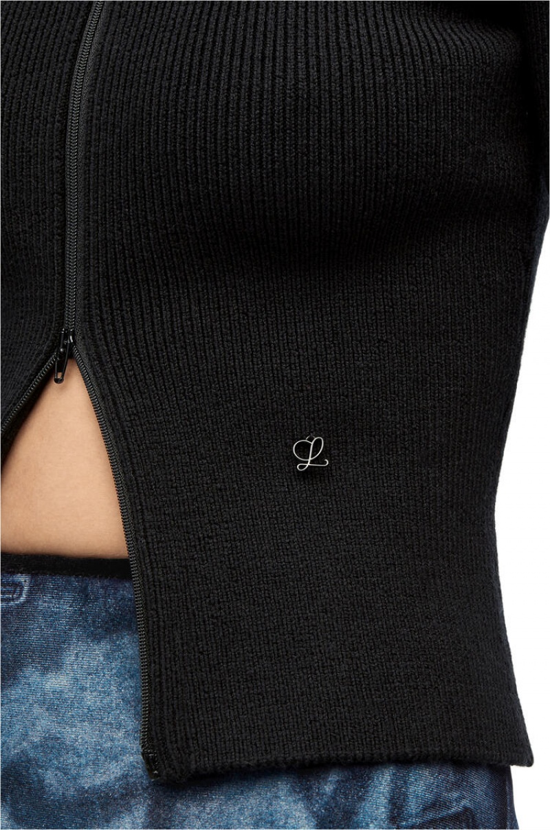 Prendas De Punto Loewe Cropped zip up sweater in wool Mujer Negras | 580ZUYGMA