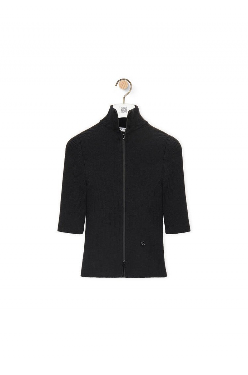 Prendas De Punto Loewe Cropped zip up sweater in wool Mujer Negras | 580ZUYGMA