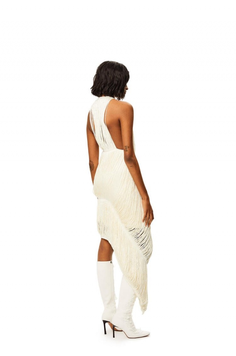 Prendas De Punto Loewe Fringed dress in silk Mujer Ecru | 845ZVNSIR