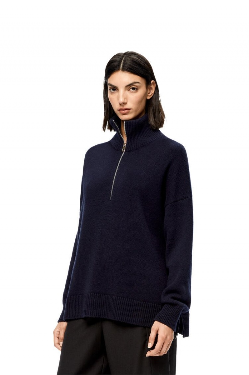 Prendas De Punto Loewe Half zip sweater in cashmere Mujer Azul Marino Azules | 724YDVLZW