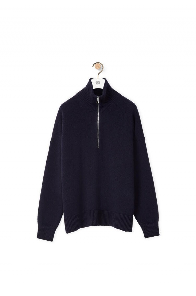 Prendas De Punto Loewe Half zip sweater in cashmere Mujer Azul Marino Azules | 724YDVLZW