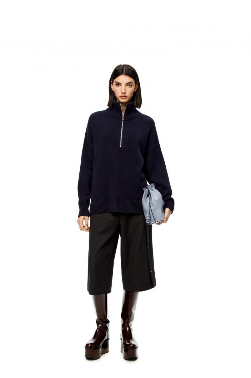 Prendas De Punto Loewe Half zip sweater in cashmere Mujer Azul Marino Azules | 724YDVLZW