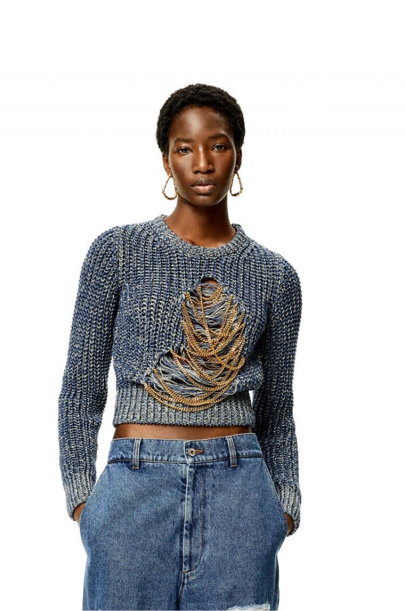 Prendas De Punto Loewe Ripped chain sweater in hemp and linen Mujer Azules | 532OGPRNF