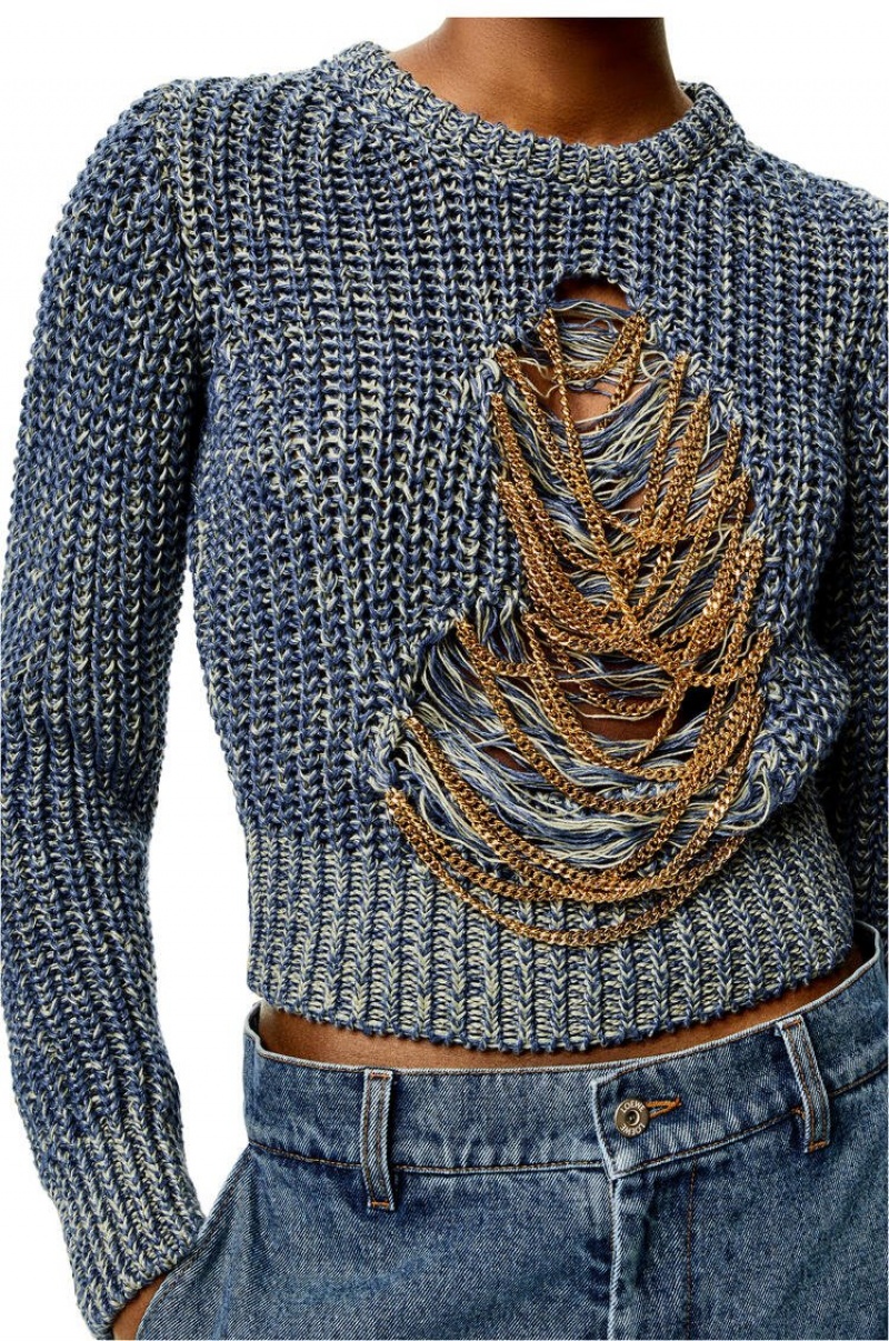 Prendas De Punto Loewe Ripped chain sweater in hemp and linen Mujer Azules | 532OGPRNF