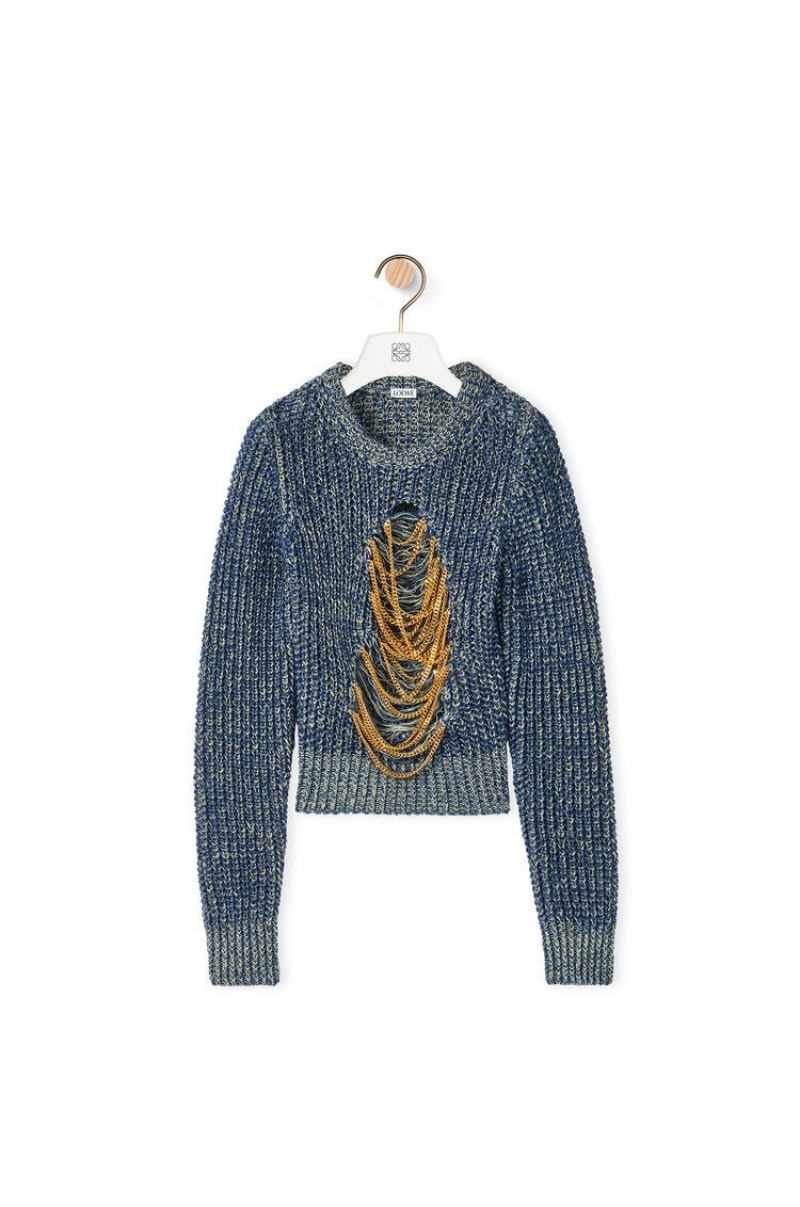 Prendas De Punto Loewe Ripped chain sweater in hemp and linen Mujer Azules | 532OGPRNF