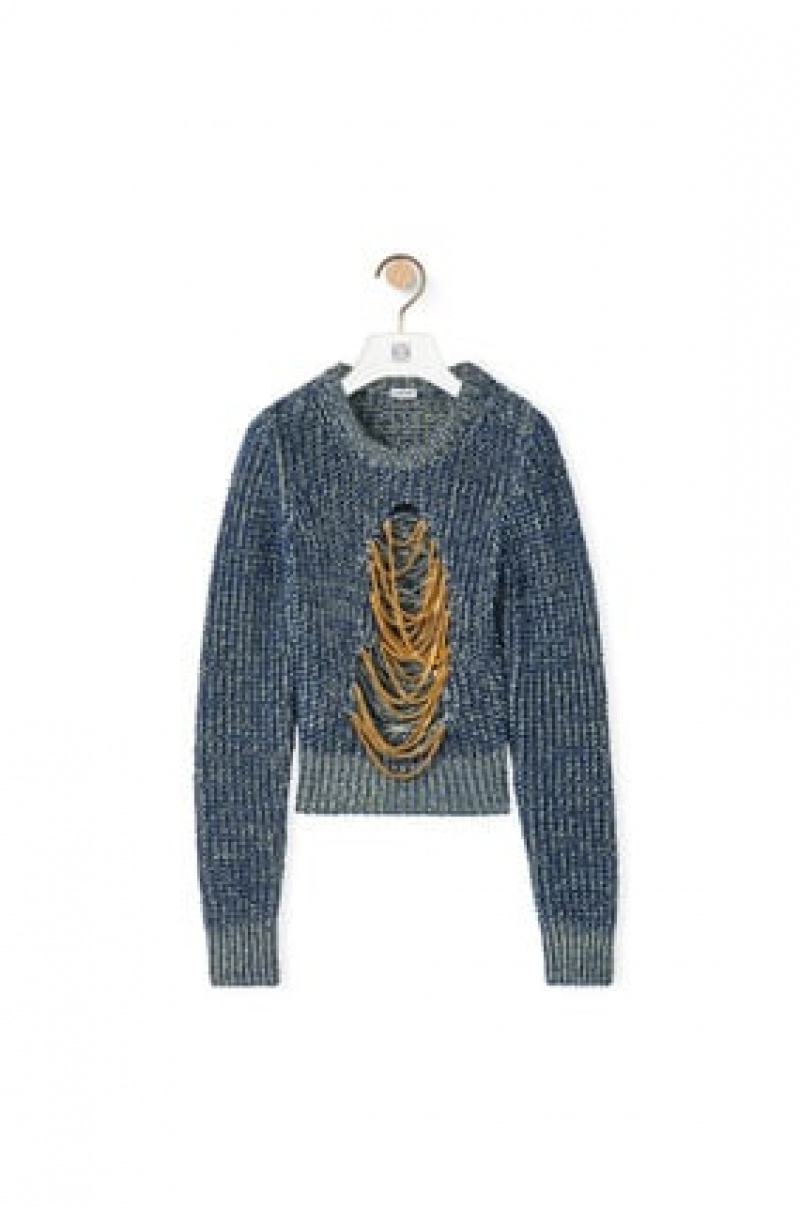 Prendas De Punto Loewe Ripped chain sweater in hemp and linen Mujer Azules | 532OGPRNF