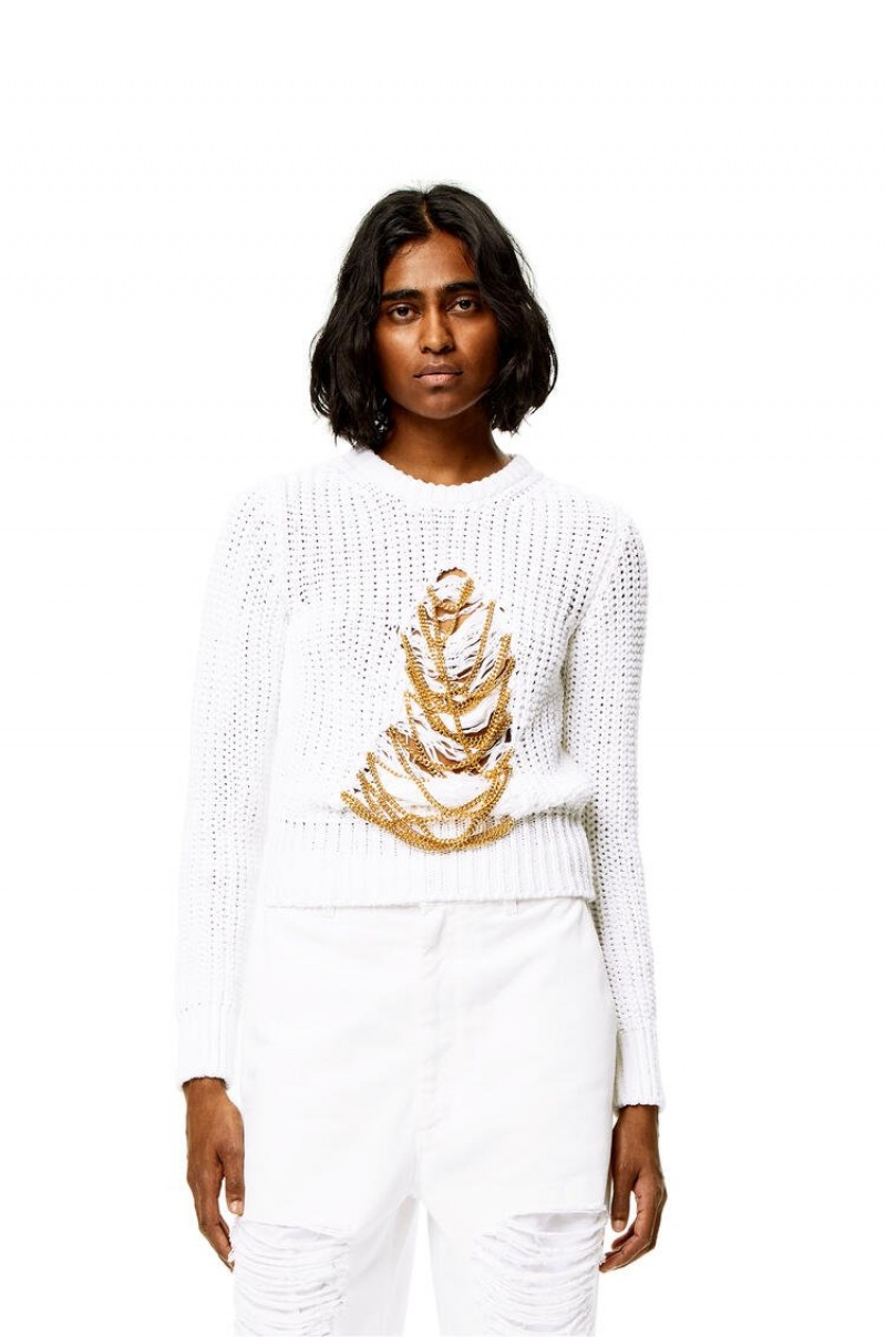 Prendas De Punto Loewe Ripped chain sweater in hem and linen Mujer Blancas | 742AXHIQC