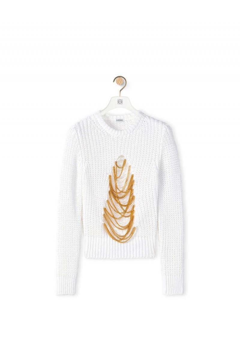 Prendas De Punto Loewe Ripped chain sweater in hem and linen Mujer Blancas | 742AXHIQC