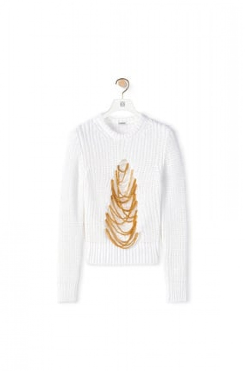 Prendas De Punto Loewe Ripped chain sweater in hem and linen Mujer Blancas | 742AXHIQC