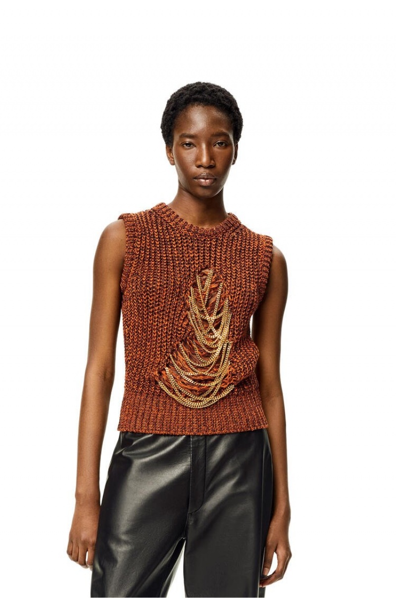 Prendas De Punto Loewe Ripped chain vest in hemp and linen Mujer Marrones | 260KMFHNI