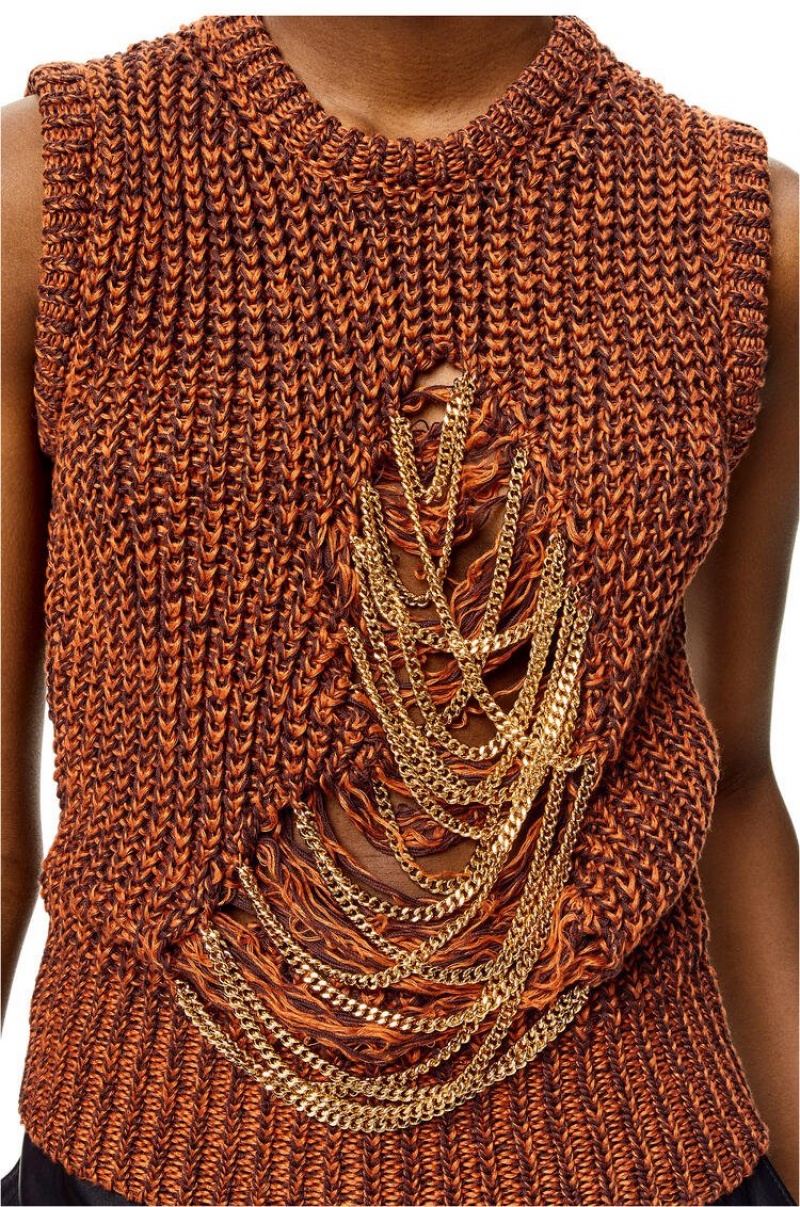 Prendas De Punto Loewe Ripped chain vest in hemp and linen Mujer Marrones | 260KMFHNI