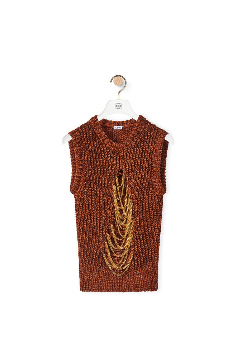 Prendas De Punto Loewe Ripped chain vest in hemp and linen Mujer Marrones | 260KMFHNI