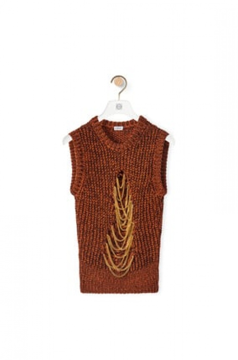 Prendas De Punto Loewe Ripped chain vest in hemp and linen Mujer Marrones | 260KMFHNI