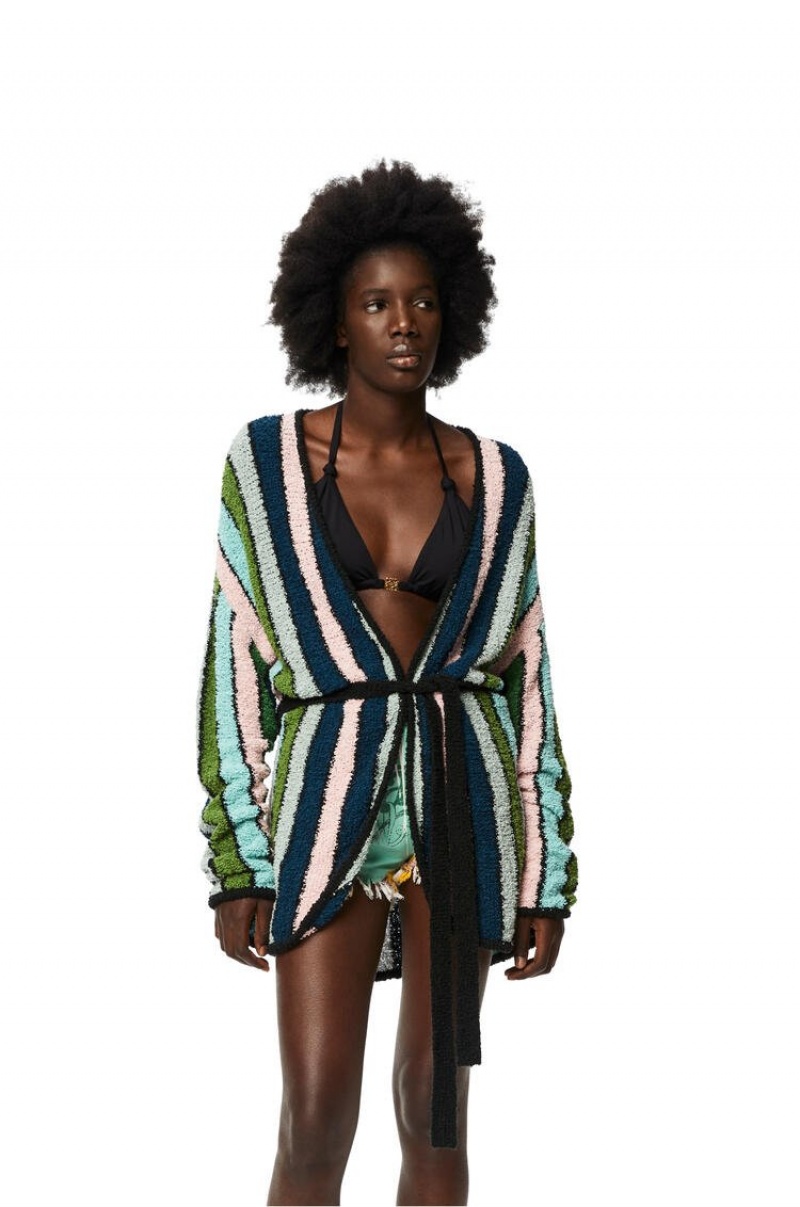 Prendas De Punto Loewe Stripe belted cardigan in cotton Mujer Verde | 029VAKQFN