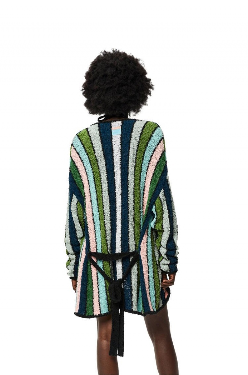 Prendas De Punto Loewe Stripe belted cardigan in cotton Mujer Verde | 029VAKQFN