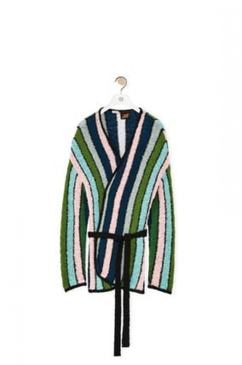 Prendas De Punto Loewe Stripe belted cardigan in cotton Mujer Verde | 029VAKQFN