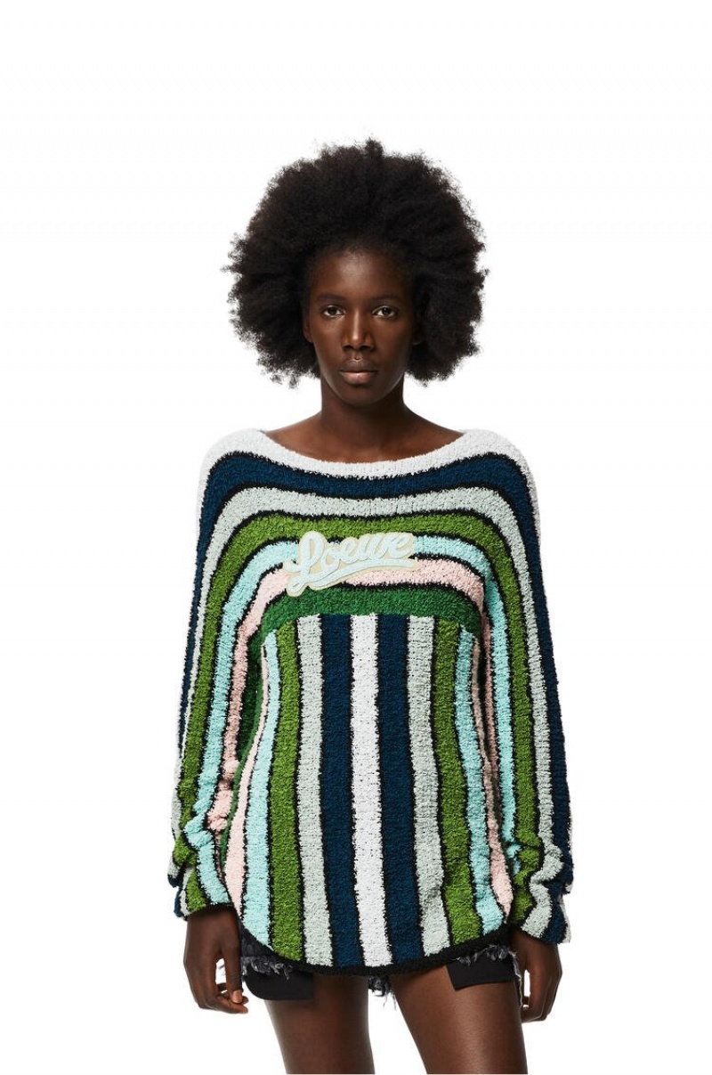 Prendas De Punto Loewe Stripe embroidered sweater in cotton Mujer Verde | 586QMOPRW