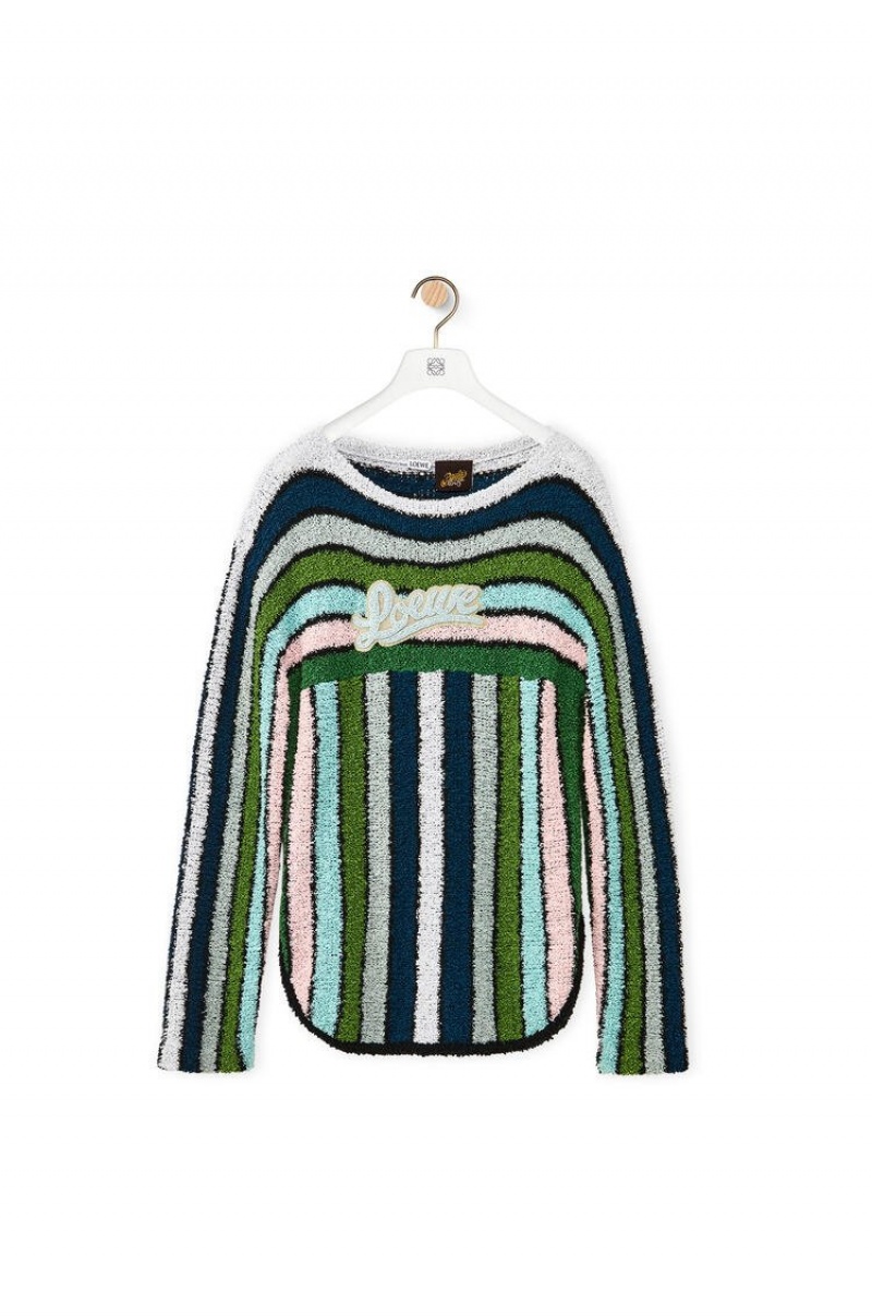 Prendas De Punto Loewe Stripe embroidered sweater in cotton Mujer Verde | 586QMOPRW