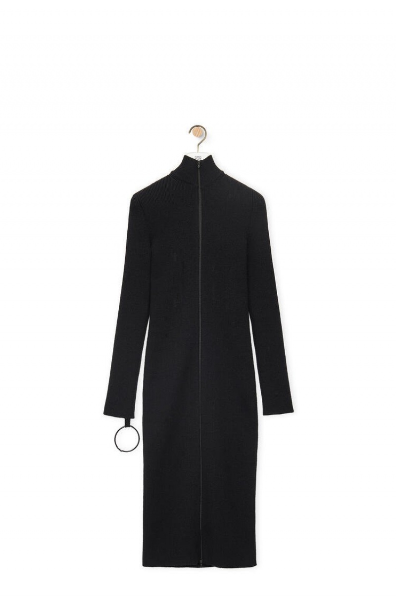 Prendas De Punto Loewe Zip up midi dress in wool Mujer Negras | 901QKLJID