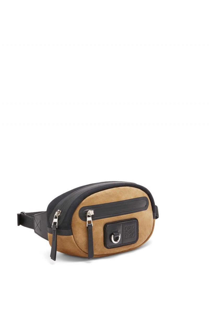 Riñonera Loewe Round bumbag in recycled canvas and suede Hombre Negras Doradas Oscuro | 893IKSUYG