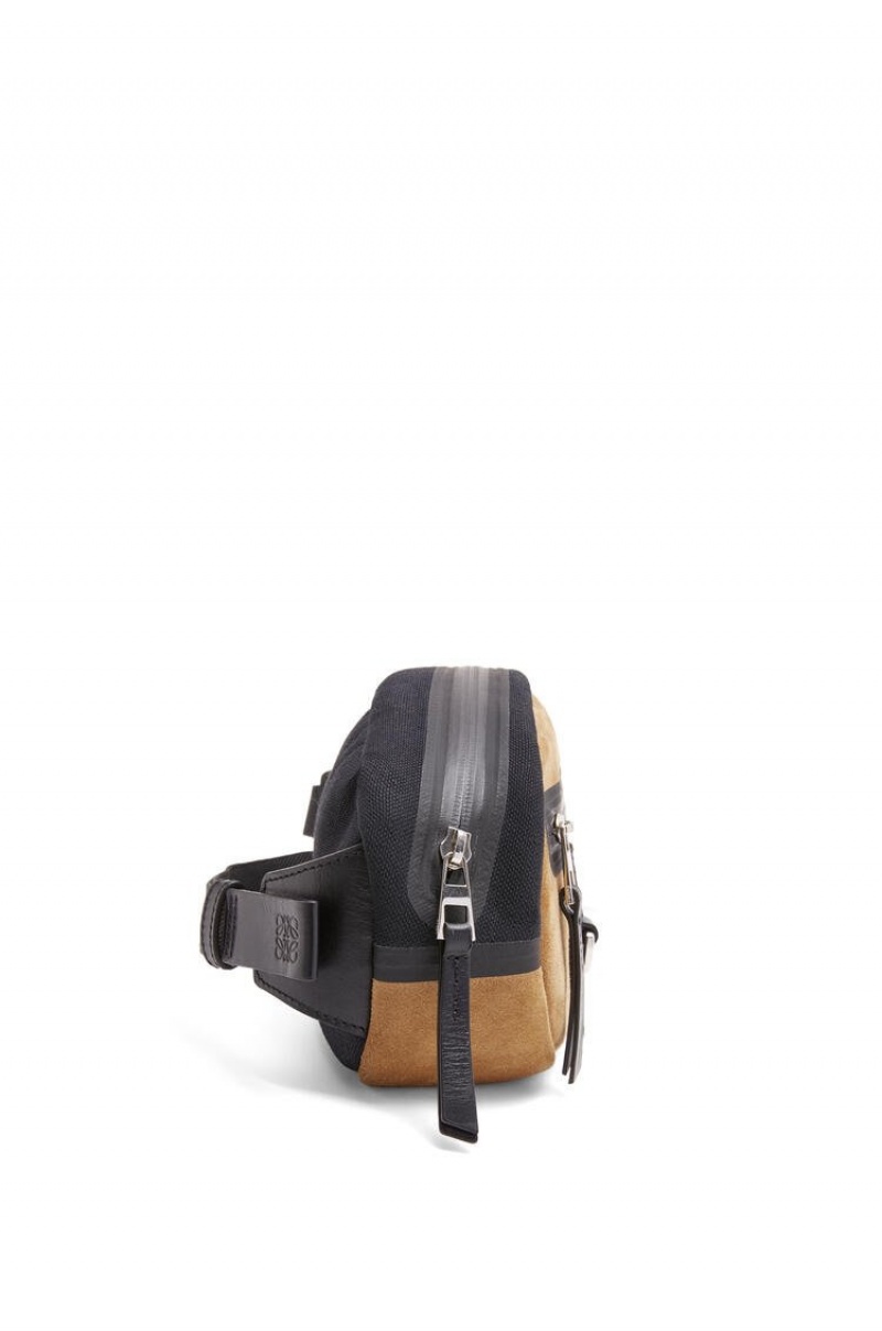 Riñonera Loewe Round bumbag in recycled canvas and suede Hombre Negras Doradas Oscuro | 893IKSUYG