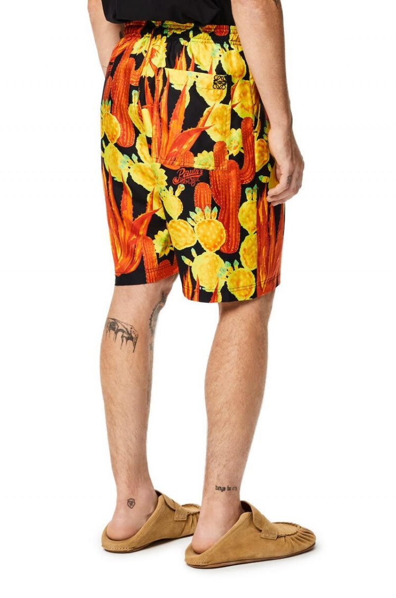 Short Loewe Cactus print drawstring shorts in silk Hombre Negras Amarillo | 430URADJP