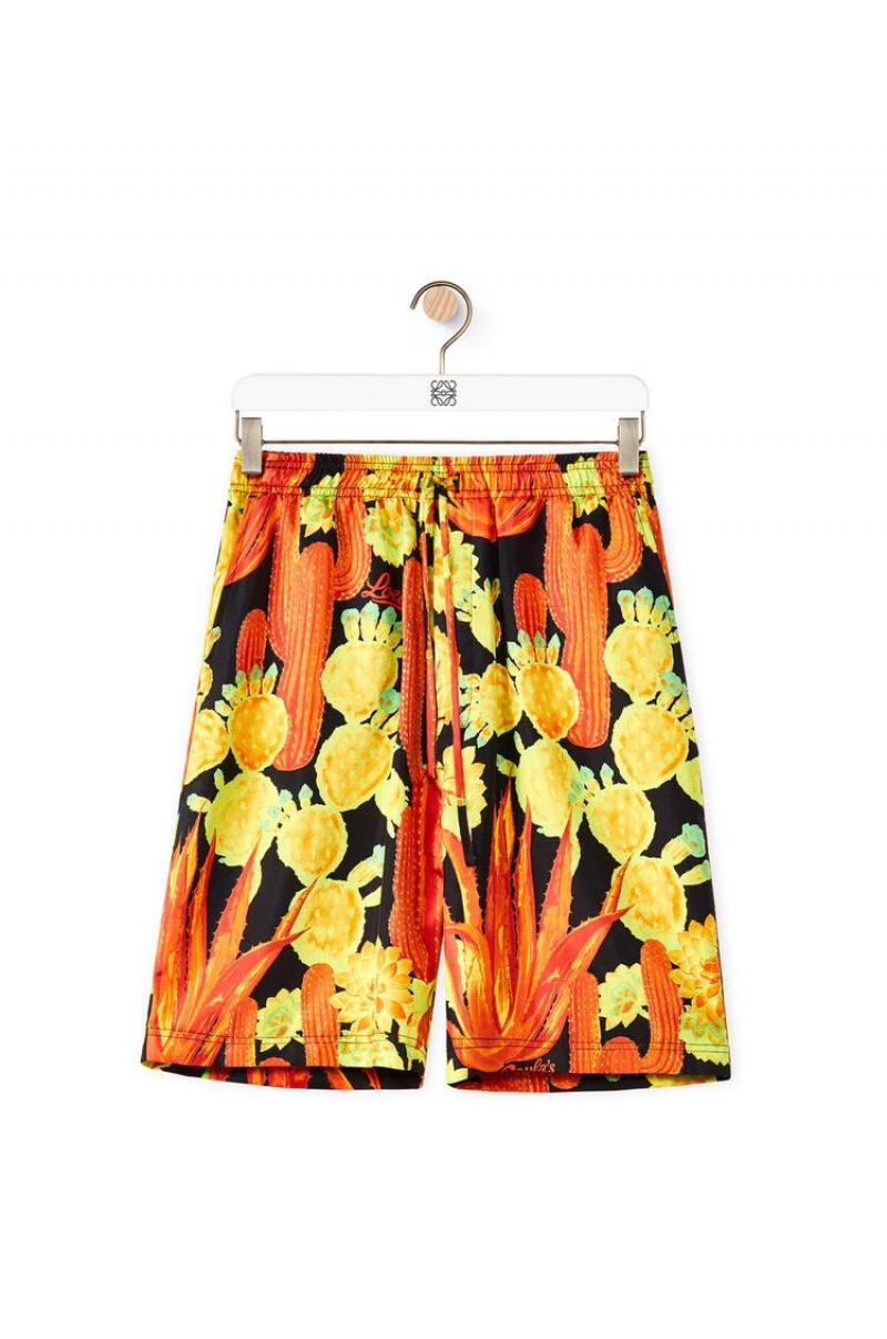 Short Loewe Cactus print drawstring shorts in silk Hombre Negras Amarillo | 430URADJP