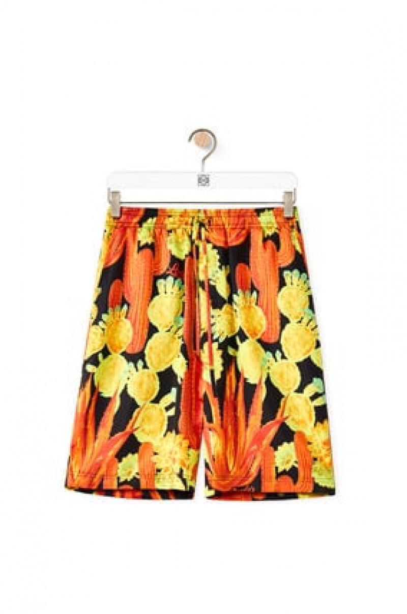 Short Loewe Cactus print drawstring shorts in silk Hombre Negras Amarillo | 430URADJP