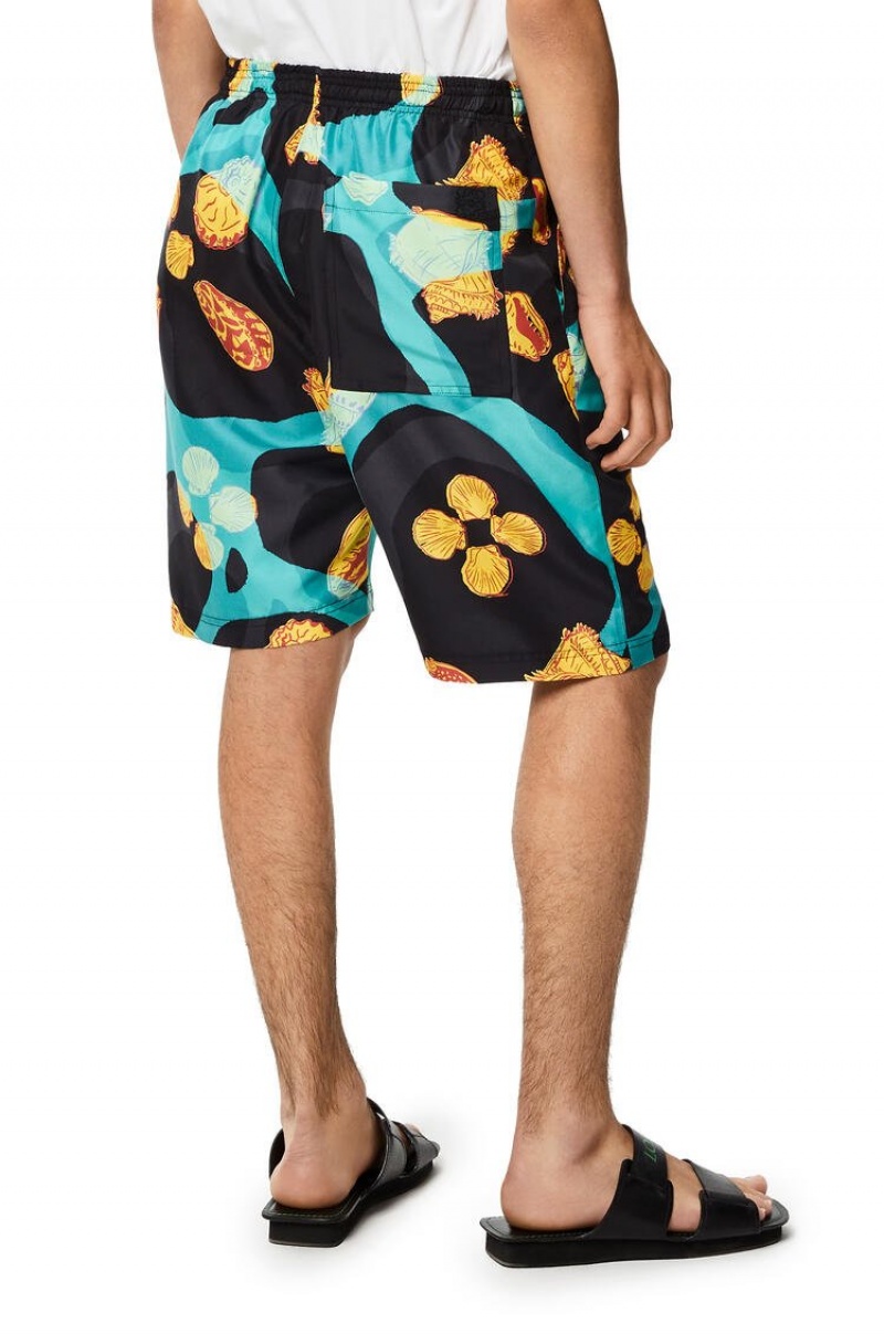 Short Loewe Shell print drawstring shorts in silk Hombre Negras Turquesa | 594GFAUKB