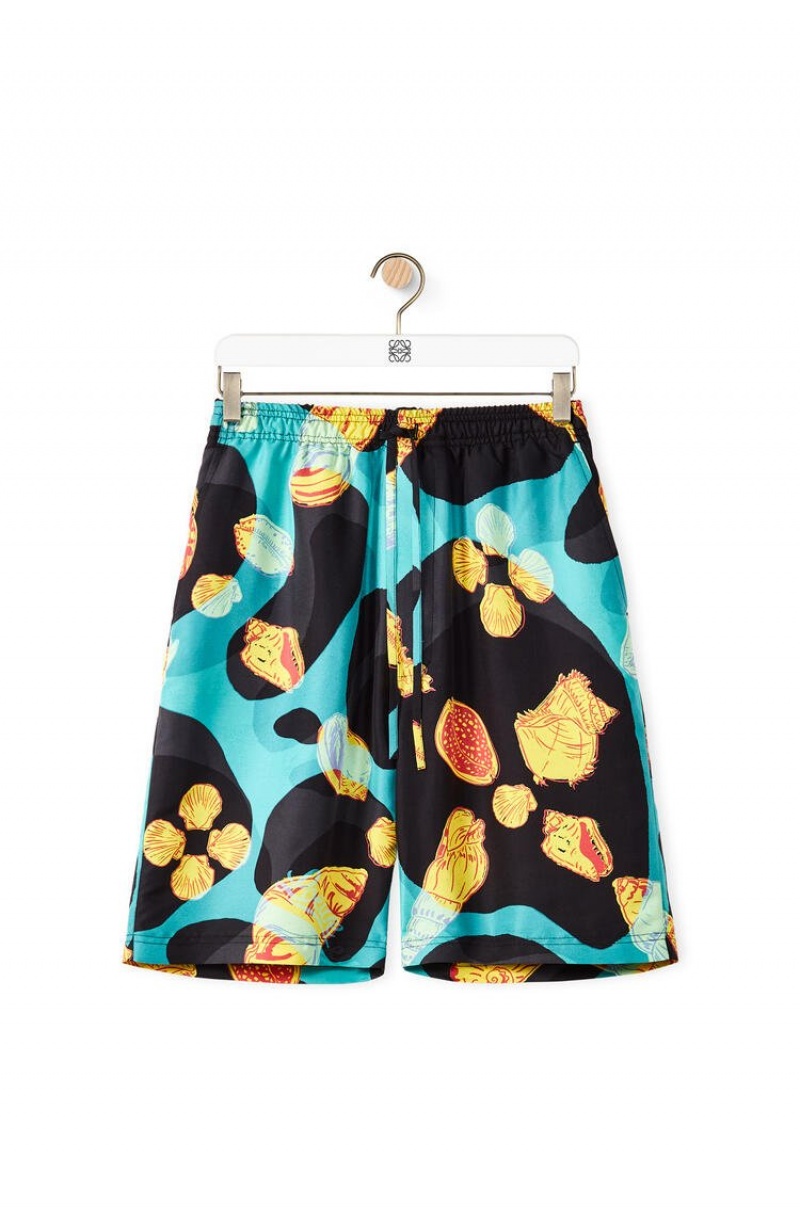 Short Loewe Shell print drawstring shorts in silk Hombre Negras Turquesa | 594GFAUKB