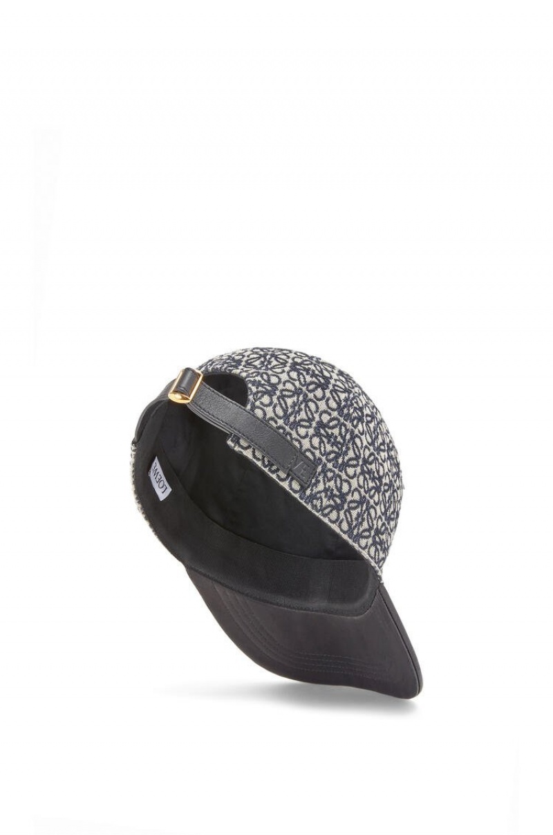 Sombreros Loewe Anagram cap in jacquard and calfskin Mujer Azul Marino Negras | 427KQGORF