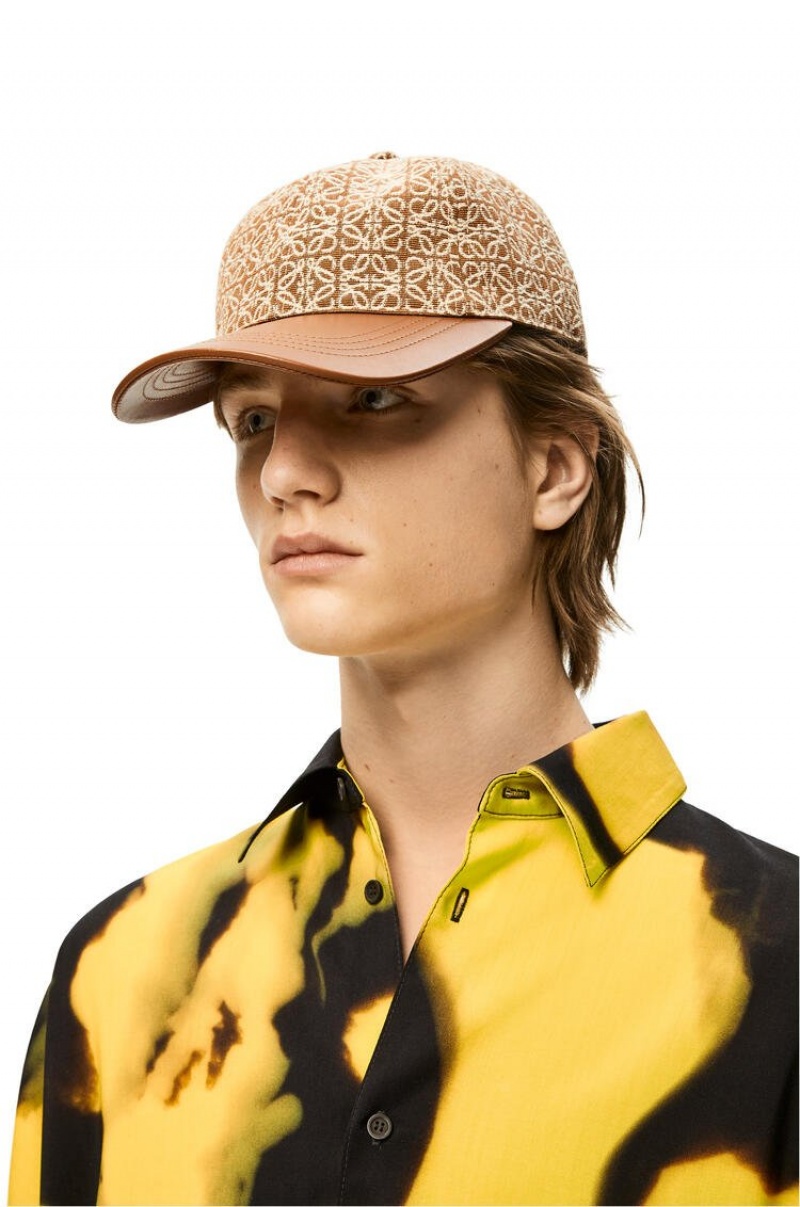 Sombreros Loewe Anagram cap in jacquard and calfskin Mujer Tan / Pecan | 431UXMRCJ