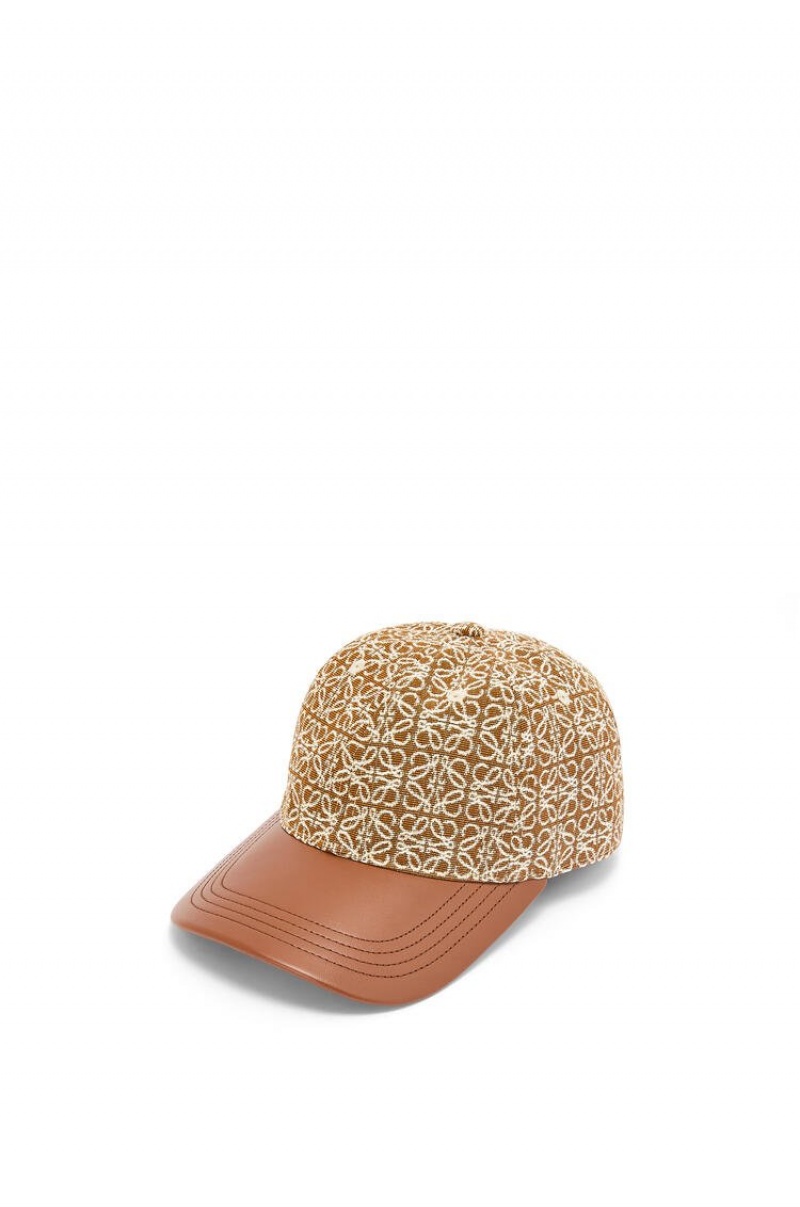 Sombreros Loewe Anagram cap in jacquard and calfskin Mujer Tan / Pecan | 431UXMRCJ