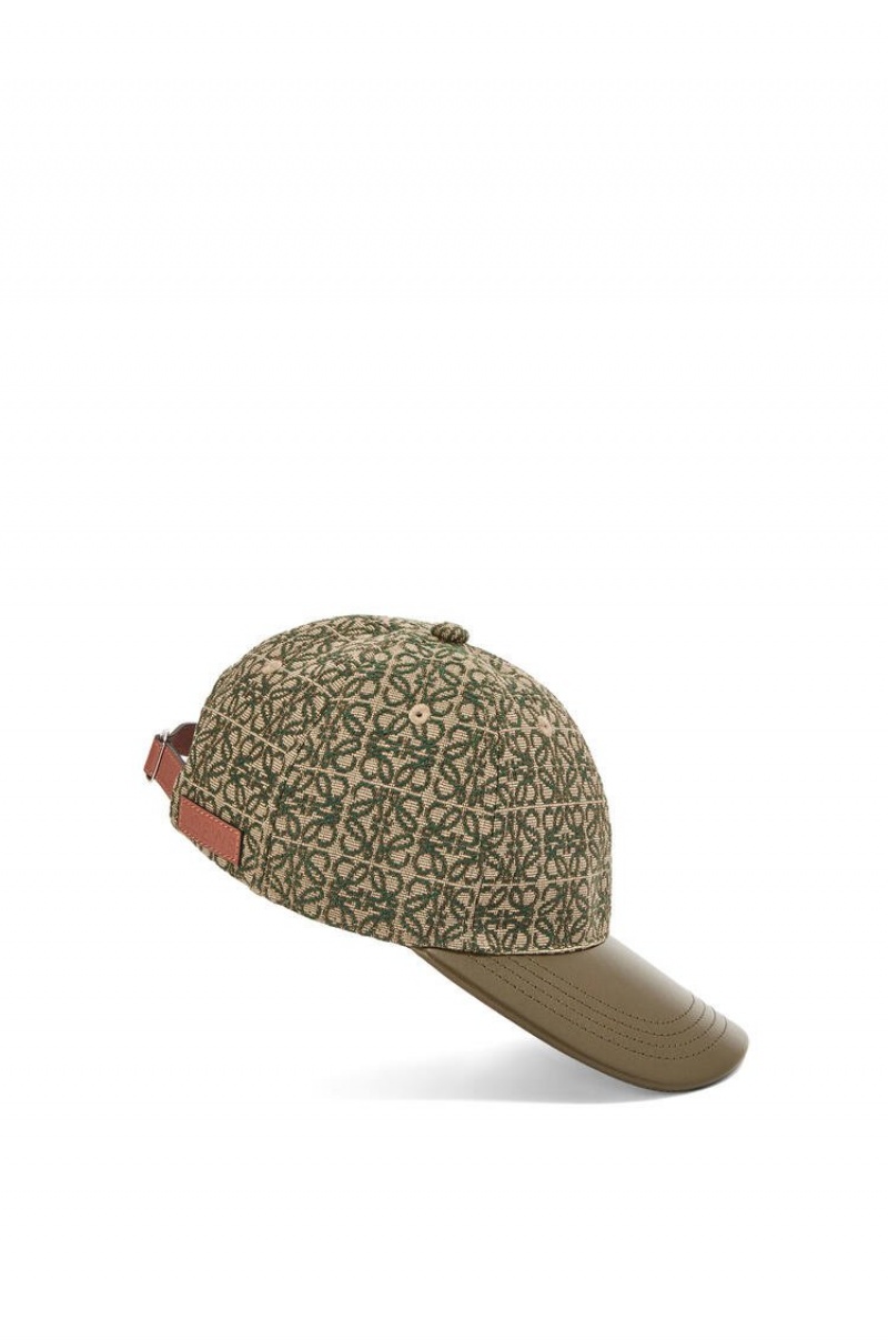 Sombreros Loewe Anagram cap in jacquard and calfskin Hombre Kaki Verde | 186QNOGDK