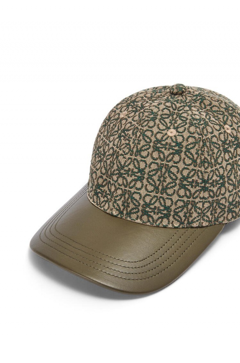 Sombreros Loewe Anagram cap in jacquard and calfskin Hombre Kaki Verde | 186QNOGDK