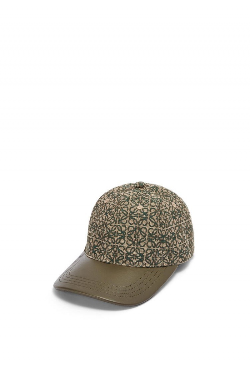 Sombreros Loewe Anagram cap in jacquard and calfskin Hombre Kaki Verde | 186QNOGDK