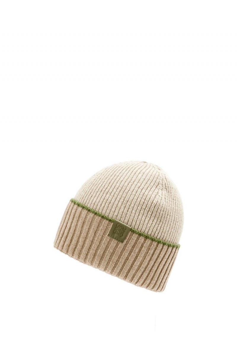 Sombreros Loewe Beanie hat in wool Hombre Beige Verde | 385ORKCLH