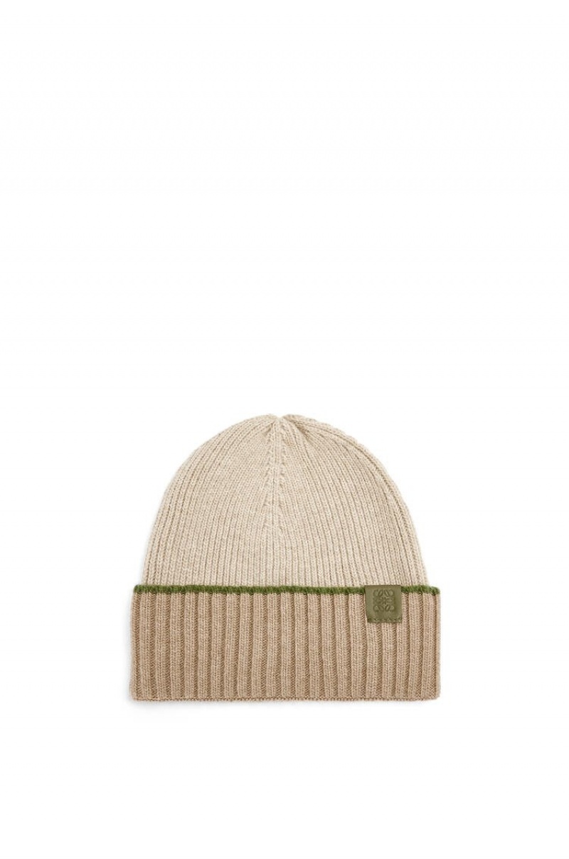 Sombreros Loewe Beanie hat in wool Hombre Beige Verde | 385ORKCLH