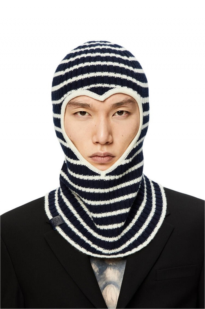 Sombreros Loewe Stripe heart balaclava in wool Hombre Azul Marino Blancas | 629ORLQJG