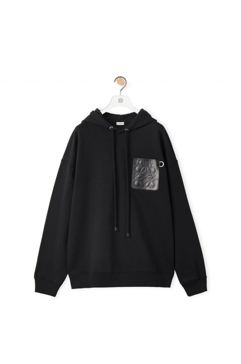 Sudaderas Loewe Anagram leather patch hoodie in cotton Hombre Negras | 583BZDYPV