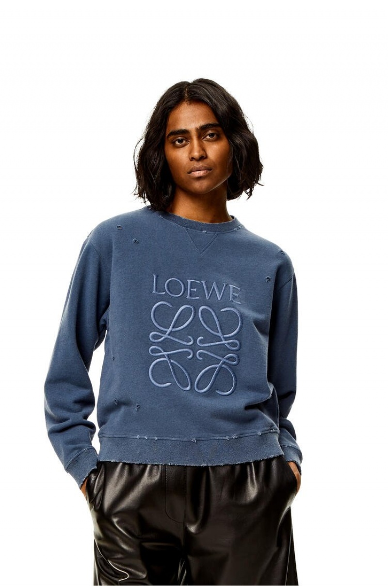 Sudaderas Loewe Distressed Anagram sweatshirt in cotton Mujer Azules | 097HNGVWO