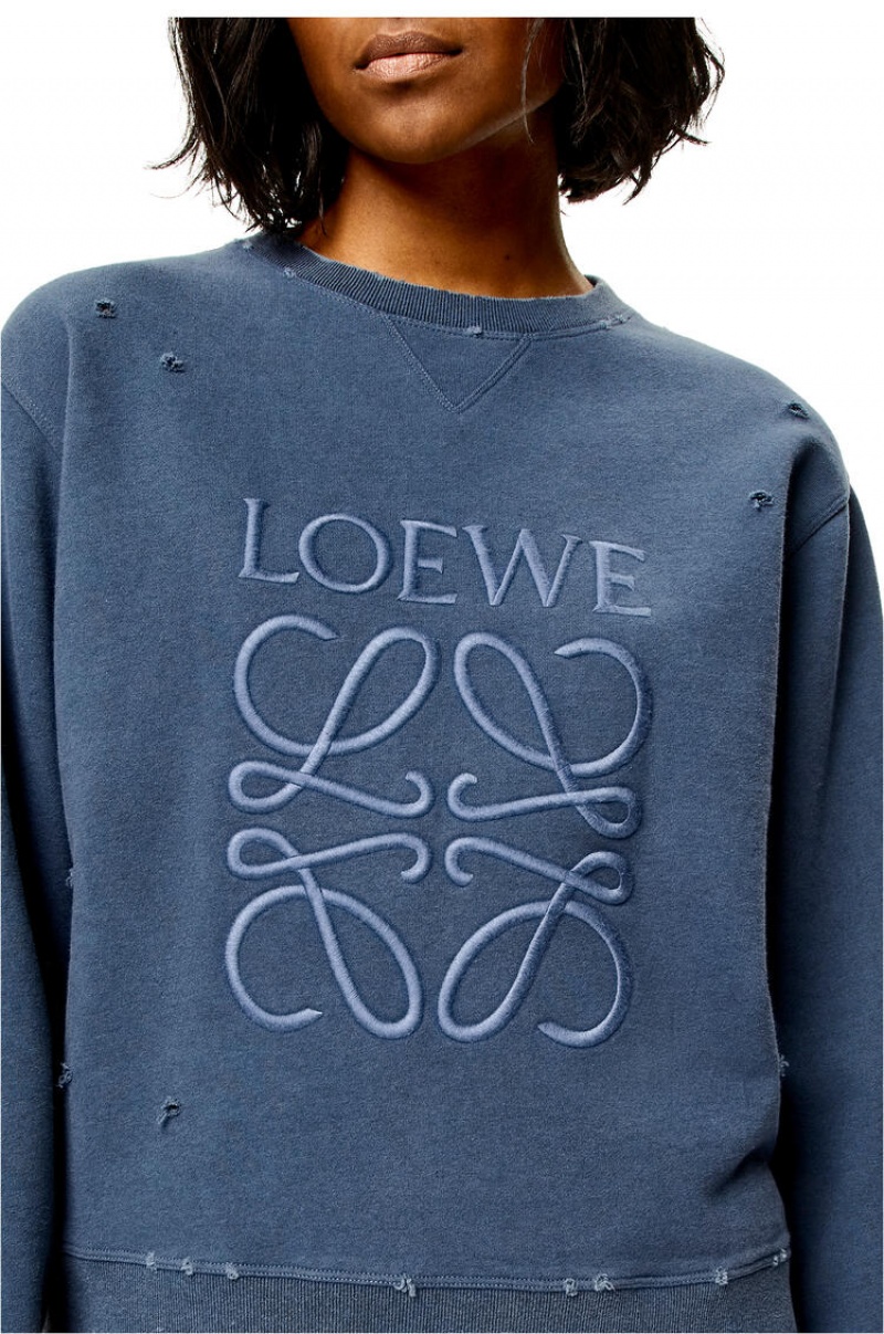 Sudaderas Loewe Distressed Anagram sweatshirt in cotton Mujer Azules | 097HNGVWO