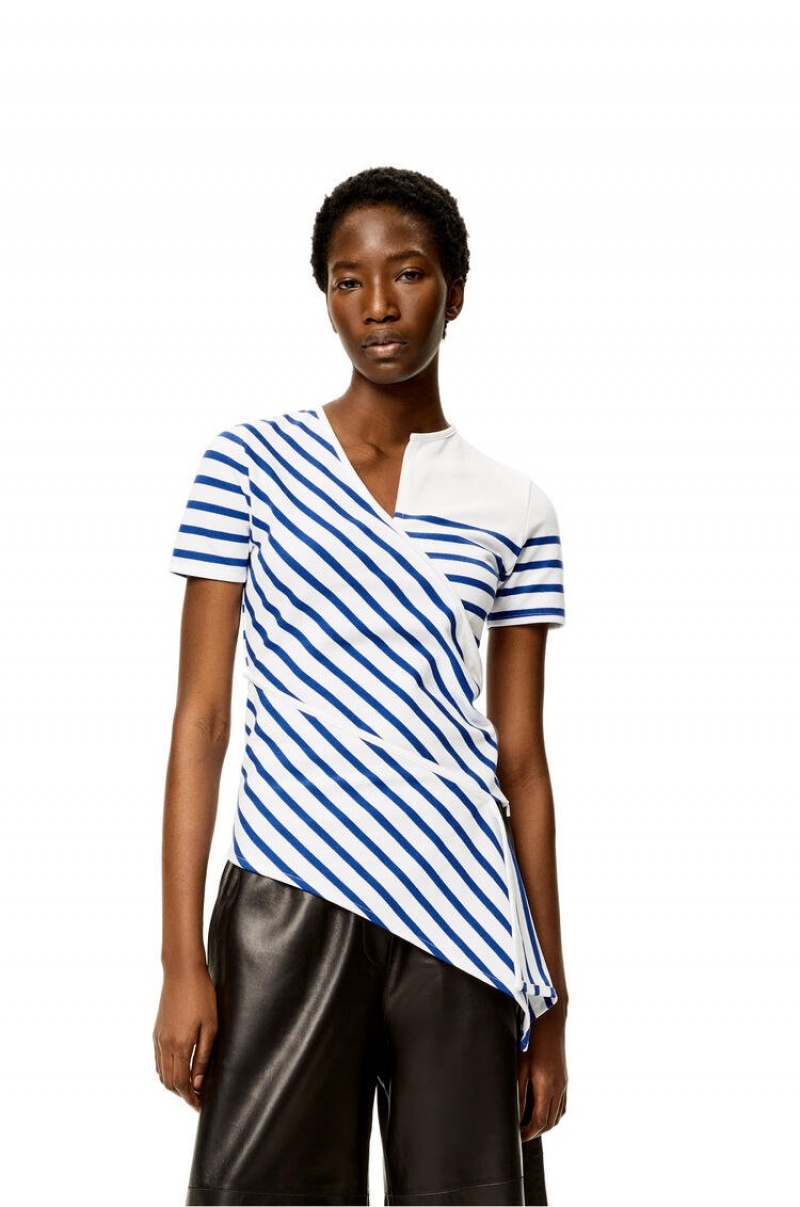 Tops Loewe A Rayas asymmetric top in cotton Mujer Blancas Azul Marino | 907RTHFGA