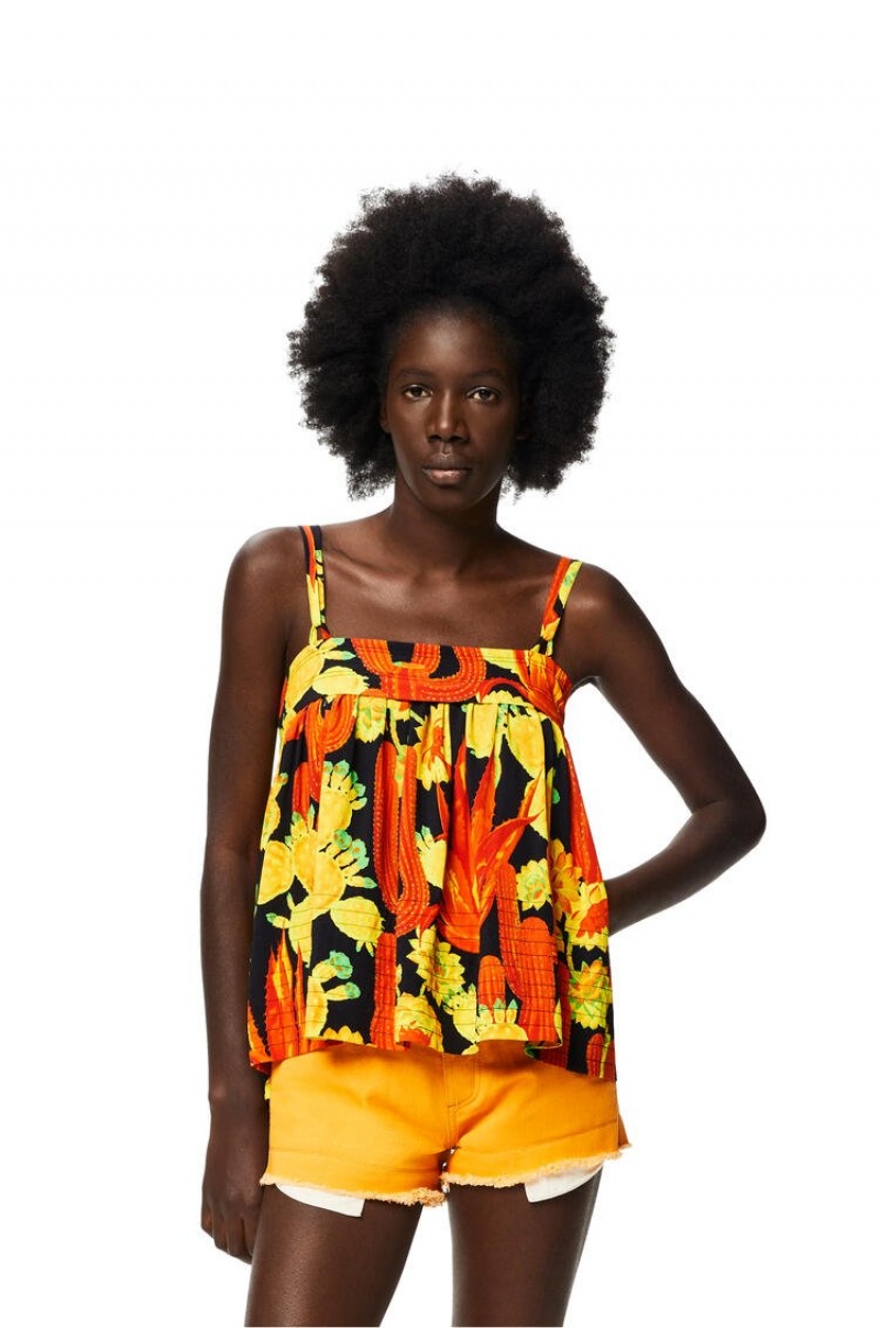 Tops Loewe Cactus print top in viscose Mujer Negras Naranjas Doradas | 530WBNRES