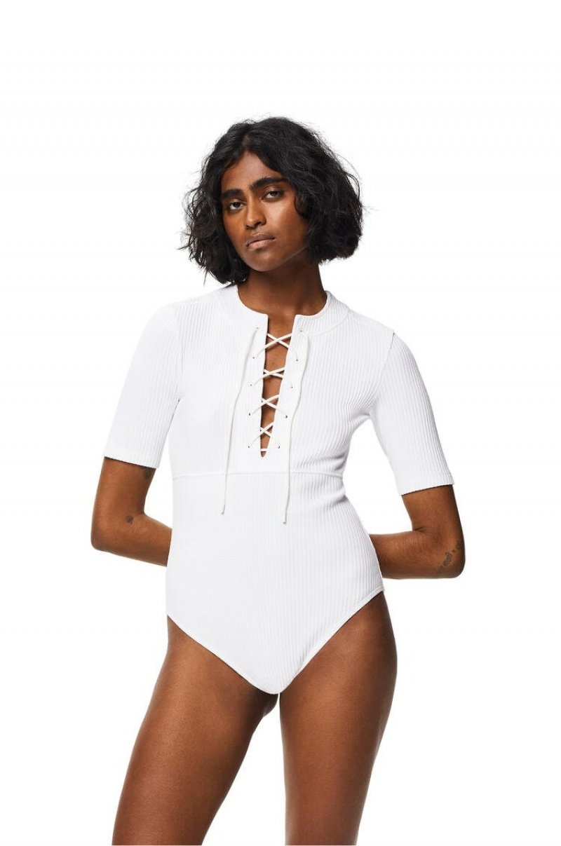 Tops Loewe Encaje-up bodysuit in cotton Mujer Blancas | 120CSBNYP