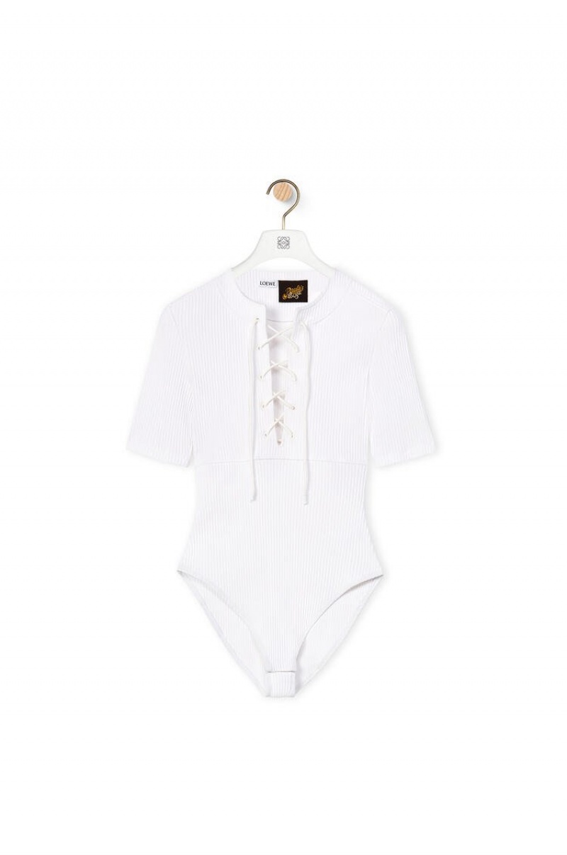 Tops Loewe Encaje-up bodysuit in cotton Mujer Blancas | 120CSBNYP