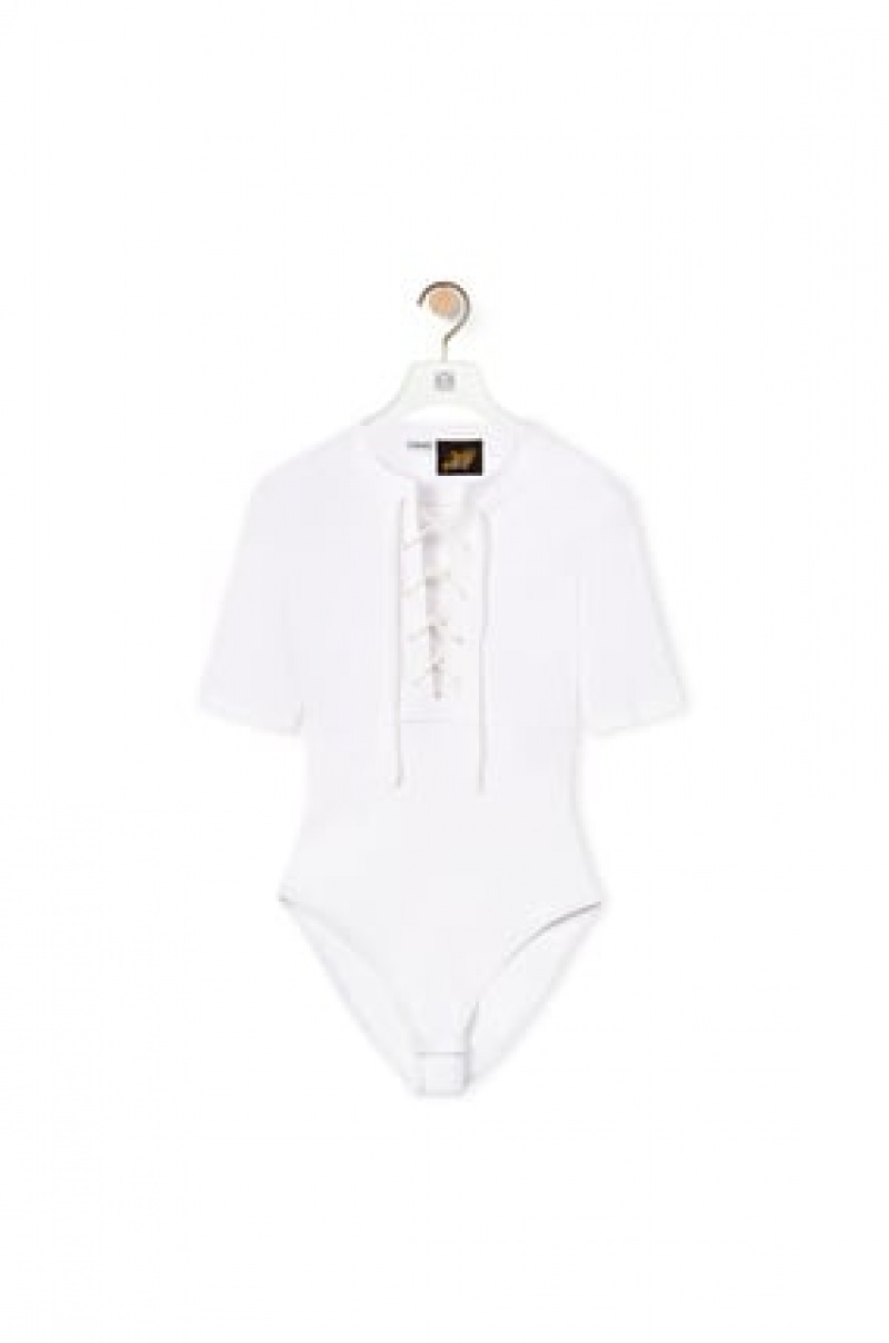 Tops Loewe Encaje-up bodysuit in cotton Mujer Blancas | 120CSBNYP