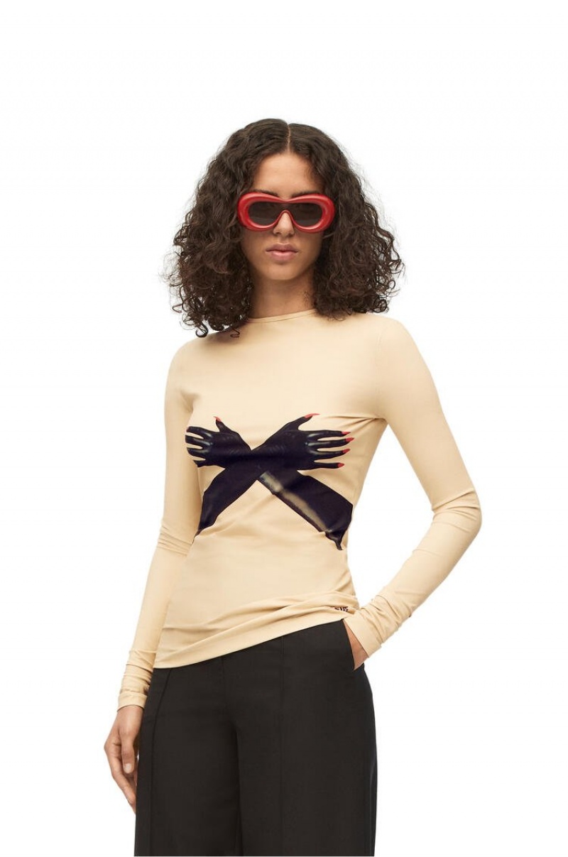 Tops Loewe Glove print top in technical jersey Mujer Beige Negras | 804BJWSEF