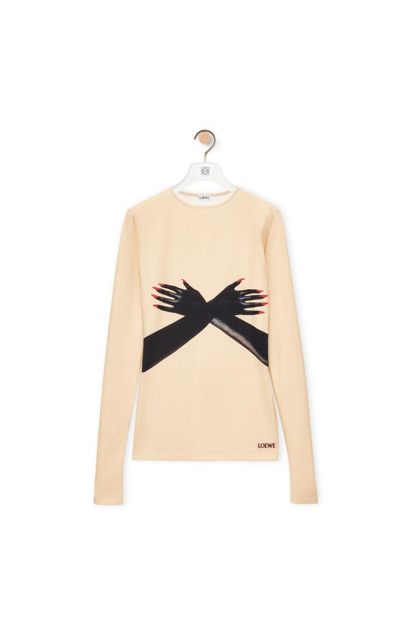 Tops Loewe Glove print top in technical jersey Mujer Beige Negras | 804BJWSEF